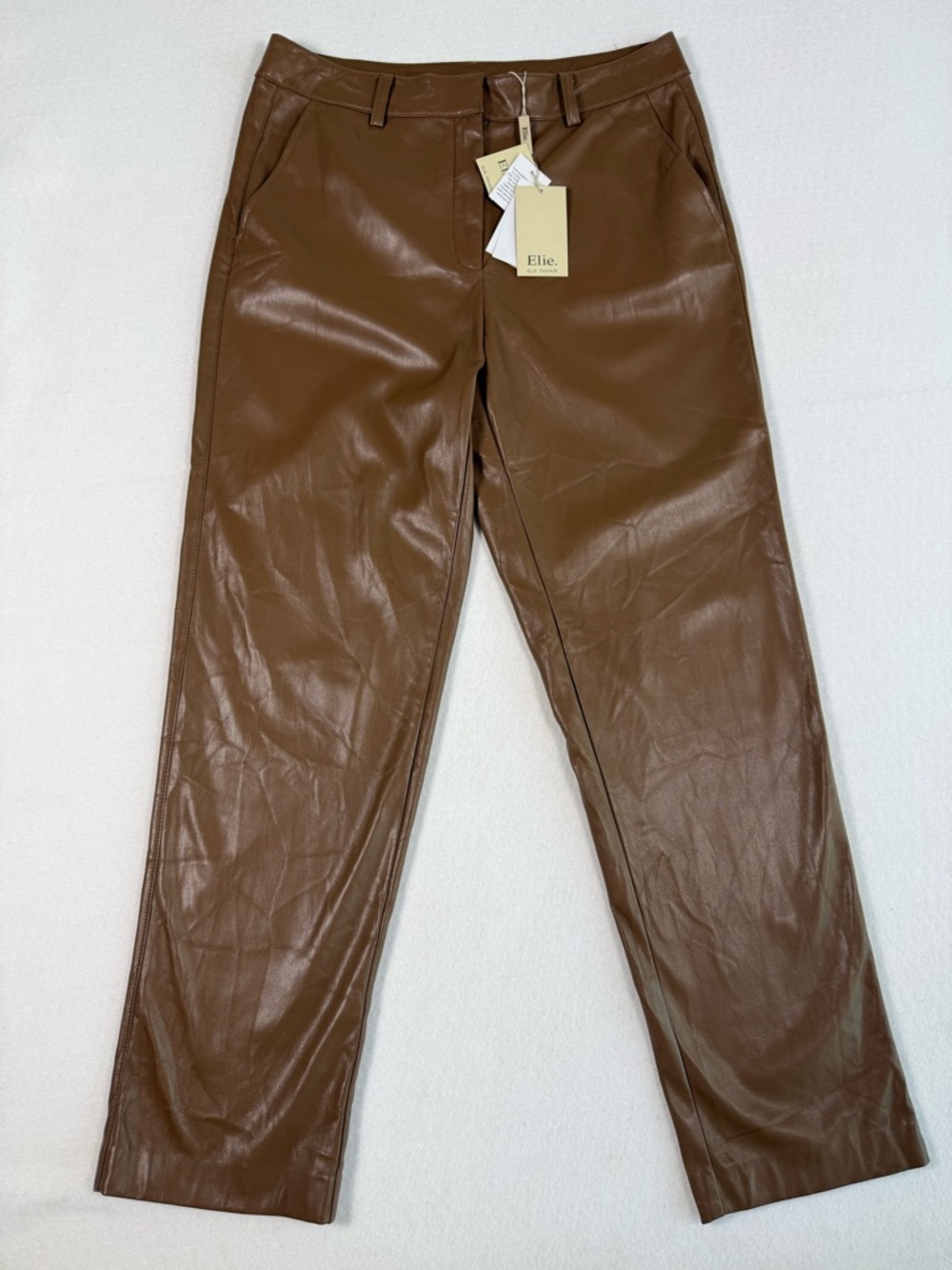NWT Elie Tahari Faux Leather Straight-Leg Pants in Brown Size 12